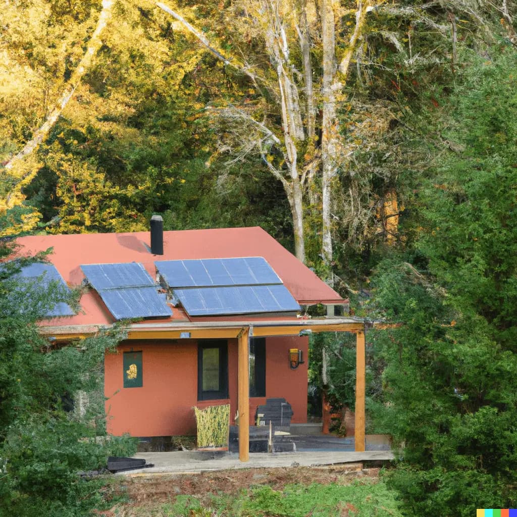 A sunlit off-grid cabin surrounded by nature, powered by solar panels, representing energy independence and sustainable living.