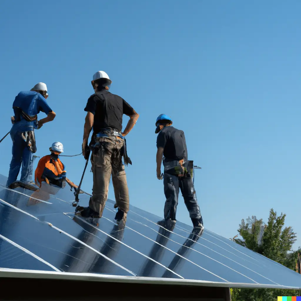 A team of solar installers working diligently to install solar panels on a residential rooftop, representing the efficient timeline for solar panel installation.